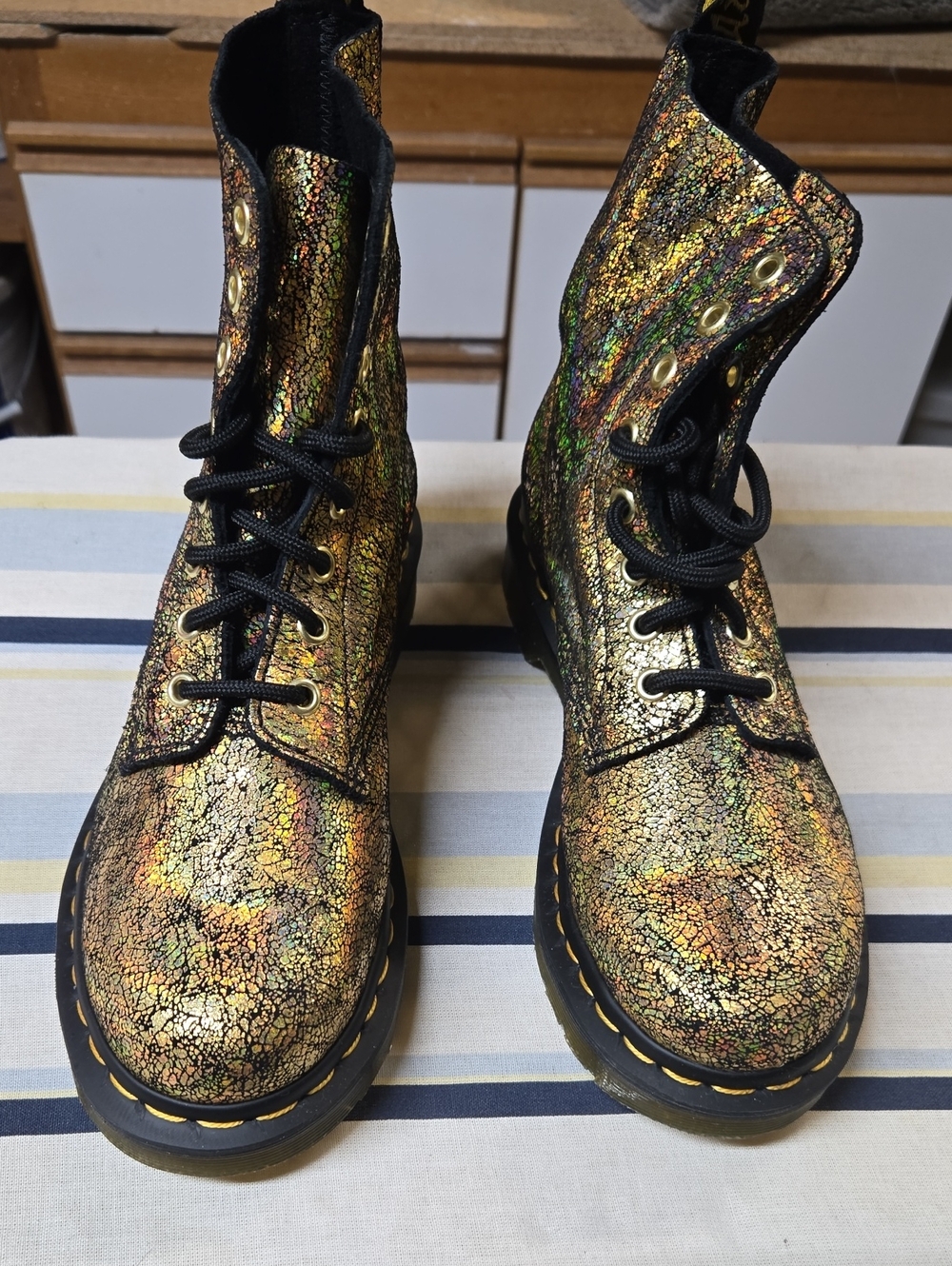 Dr. Martens Women's Iridescent Crackle Lace-Up Boots - Black with Gold Tones
